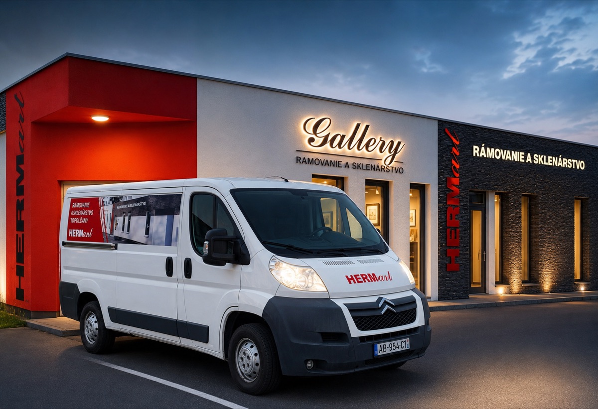 Dodávka HERMart s logom pred predajňou Gallery — rámovanie a sklenárstvo v Topoľčanoch